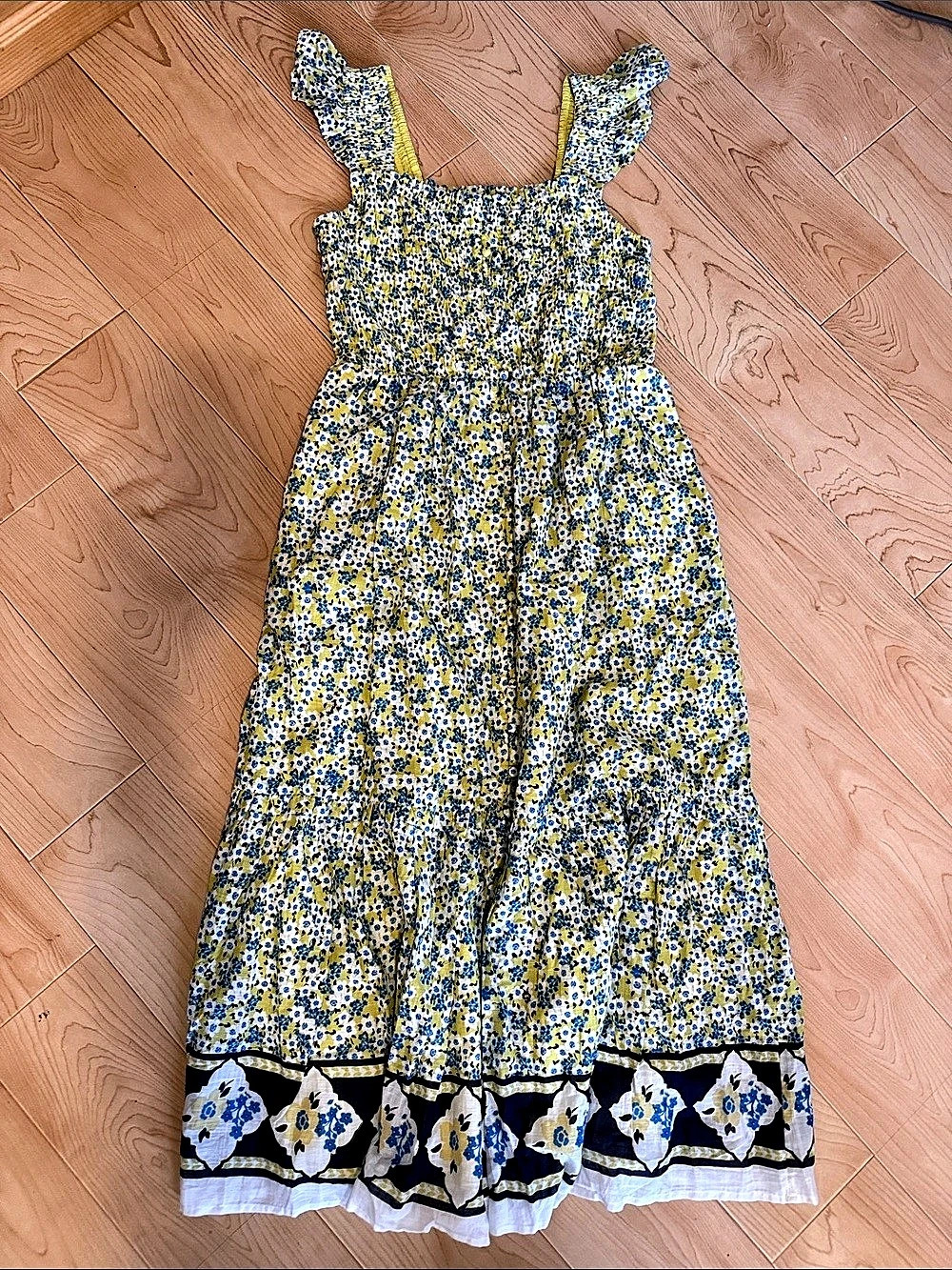 Anthropologie Peregrine Square-Neck Yellow Blue Floral Midi Maxi Dress Size S NW